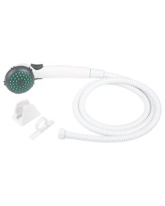 Shower Head; Hand-Held With 60 Inch Stainless Steel Hose; Single Spray Function; White; With Water Saving Trickle Switch/ Mounting Bracket/ Hose Ring
