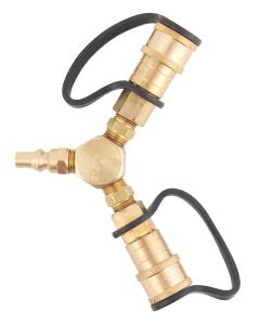 Propane Adapter Fitting; Y Adapter; 1/4 Inch Quick Disconnect (QD) Male x 1/4 Inch Quick Disconnect (QD) Female x Quick Disconnect (QD) Female; Brass; Single; With Two 1/4 Inch Plug; With Retail Packaging

