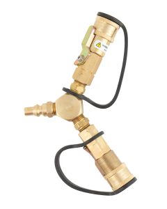 Propane Adapter Fitting; Y Adapter; 1/4 Inch Quick Disconnect (QD) Male x 1/4 Inch Quick Disconnect (QD) Female With Shut Off x Quick Disconnect (QD) Female With Shut Off; Brass; Single; With Two 1/4 Inch Plug; With Retail Packaging
