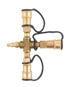 Propane Adapter Fitting; Cross Adapter; 1/4 Inch Quick Disconnect (QD) Male x Quick Disconnect (QD) Female x Quick Disconnect (QD) Female x Quick Disconnect (QD) Female; Brass; Single; With Three 1/4 Inch Plug; With Retail Packaging
