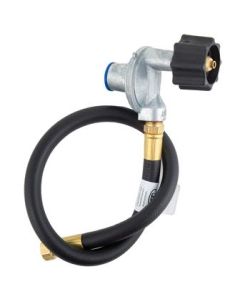 Propane Regulator; Excela-Flo; Black QCC Type 1 Inlet x 3/8 Inch FNPT Outlet; Single Stage; 140000 BTU; With 24 Inch Hose And 3/8 Inch Female Flare Swivel; Not Approved For RV Use; Wet Coated; Green; Die Cast Aluminum; Retail Packaging; Vertical Mount

