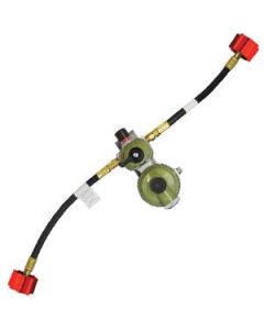 Propane Regulator; Excela-Flo; 1/4 Inch FNPT Inlet x 3/8 Inch FNPT Outlet; 11 Inch WC; Two-Stage; 225000 BTU I Stage/ 150000 BTU II 2 Stage; Approved For UL/ RVIA/ NFPA; With 15 Inch Propane Hose; Vertical Mount
