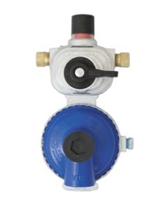 Propane Regulator; Excela-Flo; 1/4 Inch Female Inverter Flare x 3/8 Inch FNPT; Two Stage; 175000 BTU Stage I/ 100000 BTU Stage II; Without Hose; Zinc Die Casted; Internal Relief Spring Loaded Diaphragm Type; Low Capacity; Packaged; Vertical Mount
