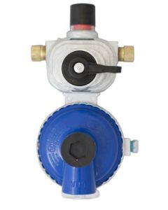 Propane Regulator; Excela-Flo; 1/4 Inch Female Inverter Flare x 3/8 Inch FNPT; Two Stage; 175000 BTU Stage I/ 100000 BTU Stage II; Without Hose; Zinc Die Casted; Internal Relief Spring Loaded Diaphragm Type; Low Capacity; Vertical Mount
