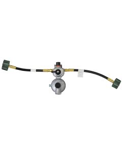 Propane Regulator; Excela-Flo; 1/4 Inch Female Inverter Flare X 3/8 Inch FPT; Two Stage; 225000 BTU I Stage/ 150000 BTU II Stage; With Two 15 Inch Propane Hoses; Unfinished Zinc; Zinc Die Casted; Internal Relief Spring Loaded Diaphragm Type; Approved For 