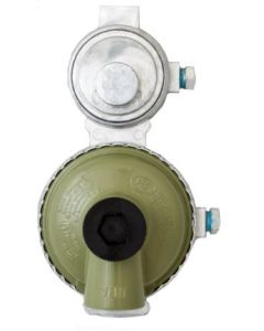 Propane Regulator; Excela-Flo; 1/4 Inch FNPT Inlet x 3/8 Inch FNPT Outlet; Two Stage; 225000 BTU; Without Hose; Approved For RV Use; Zinc Powder Coated; Zinc Die Casted; Internal Relief Spring Loaded Diaphragm Type; Vertical Mount
