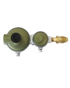 Propane Regulator; POL Inlet x 3/8 Inch FNPT Outlet With 90 Degree Vent; Two Stage; 225000 BTU; Without Hose; Zinc Powder Coated; Zinc Die Casted; Internal Relief Spring Loaded Diaphragm Type; High Capacity; Horizontal Mount
