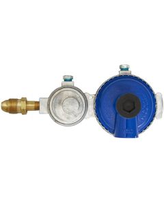 Propane Regulator; POL Inlet x 3/8 Inch FNPT Outlet With 90 Degree Vent; Two Stage; 225000 BTU; Without Hose; Zinc Powder Coated; Zinc Die Casted; Internal Relief Spring Loaded Diaphragm Type; Low Capacity; With Retail Packaging; Horizontal Mount
