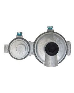Propane Regulator; Excela-Flo; 1/4 Inch FNPT Inlet x 3/8 Inch FNPT Outlet With 90 Degree Vent; Two Stage; 225000 BTU High Capacity; Without Hose; Zinc Powder Coated; Zinc Die Casted; With POL Connector; With Clamshell Package With Barcode; Horizontal Moun