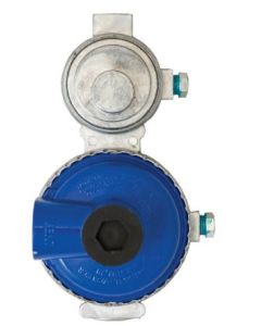 Propane Regulator; Excela-Flo; 1/4 Inch FNPT Inlet x 3/8 Inch FNPT Outlet With 90 Degree Vent; Two Stage; 175000 BTU; Without Hose; Zinc Die Casted; With POL Connector; Low Capacity; Horizontal Mount
