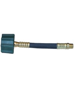 Propane Hose; 1/4 Inch Inside Diameter High Pressure Hose; 200,000 BTU Capacity; Female QCC (Quick Check Connector) Type 1 Connection x 1/4 Inch Male Inverted Flare; With Thermal Protection; 12 Inch Length; Thermoplastic And Brass; Packed

