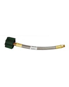 Propane Hose; For Connecting Propane Cylinders To The Propane Regulator; Female QCC (Quick Check Connector) Type 1 Connection x 1/4 Inch Male Inverted Flare; With Thermal Protection; 15 Inch Length; Braided Stainless Steel And Brass; Packaged
