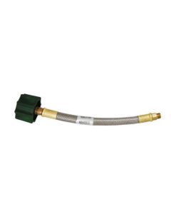 Propane Hose; For Connecting Propane Cylinders To The Propane Regulator; Female QCC (Quick Check Connector) Type 1 Connection x 1/4 Inch Male Inverted Flare; With Thermal Protection; 24 Inch Length; Braided Stainless Steel And Brass
