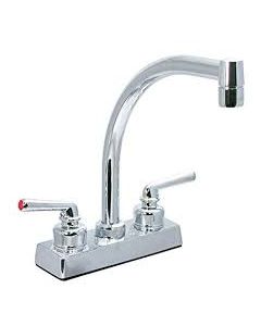 Faucet; Used For Kitchen; Single Piece 4 Inch Bar Deck Mount; 9 Inch Hi-Arc Spout; 2 Teapot Handle; Polished Chrome Plated/ Plastic Underbody; 2 Hole Application; Plastic Compression Valve; With Individual Box
