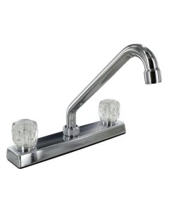 Faucet; Used For Kitchen; Single Piece 8 Inch Bar Deck Mount; 8 Inch Hi-Rise Tubular Spout; 2 Clear Crystal Acrylic Knob Handle; Polished Chrome Plated/ Plastic Underbody; 2 Hole Application; Plastic Compression Valve; With Individual Box