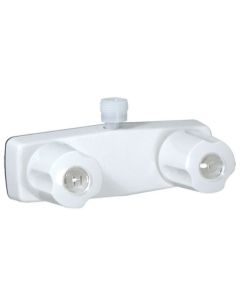 Shower Control Valve; 2 Valve; Single Piece Wall Mount; Plastic Compression Valve; 4 Inch Center Distance; 2 Hole Application; 2 Knob Handle; White; Plastic Underbody; With Vacuum Breaker To Attach Hand Held Shower Hose; With Individual Box