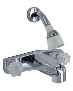 Faucet; Used For Bathtub; Single Piece 8 Inch Wall Mount With Tub/ Shower Diverter; 2 Clear Crystal Acrylic Knob Handle; Polished Chrome Plated/ Plastic Underbody; Plastic Compression Valve; With Shower Head/ Shower Arm/ Flange; With Individual Box
