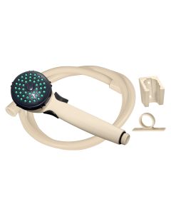 Shower Head; Hand-Held With 60 Inch Vinyl Hose; With Single Function Spray Setting; With Trickle Shut-Off; Biscuit; Plastic; With Hose Guide Ring/ Mounting Bracket/ Mounting Hardware; With Blister Package