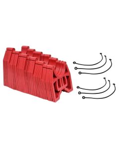 Sewer Hose Support; Slunky ®; 25 Foot Length; 4-1/2 Inch Sewer End Height x 7-1/4 Inch RV End Height; Collapsible; Deep Cradles Eliminate Need for Support Straps; Red; Plastic; With Self-Fastening Strap For Storage/ Metal Hinges For Extra Strength/ Six Ti