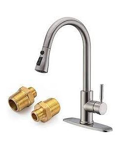 Faucet, Single Lever Pull-Down, High Arc Spout, Bullet Style, Metal, Brushed Nickel
