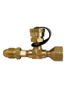 Propane Adapter Fitting; Tee Style; Male POL (Prest-O-Lite) Inlet x Female POL Outlet x 1 Inch-20 MNPT Outlet With Valve And O-Ring; Brass; Single; 0.9 Gallon Per Minute; With Plastic Clamshell
