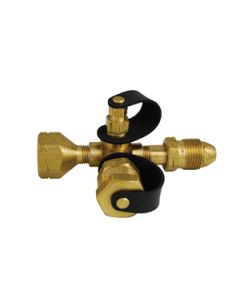Propane Adapter Fitting; Excess Flow; Tee Style; Male POL (Prest-O-Lite) Inlet x 1/4 Inch Female Inverted Flare Auxiliary Inlet With Check Valve x Female POL Outlet x 1 Inch-20 MNPT Outlet; Brass; Single; With Plastic Handwheel; 0.9 Gallon Per Minute
