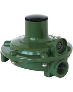 Propane Regulator; Excela-Flo; 1/4 Inch FNPT Inlet x 3/8 Inch FNPT Outlet With 90 Degree Vent; Single Stage; 140000 BTU; Without Hose; Not Approved For RV Use; Wet Coated; Green; Die Cast Aluminum; With Plastic Clamshell Package; Vertical Mount
