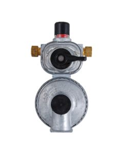 Propane Regulator; Excela-Flo; 1/4 Inch Female Inverter Flare x 3/8 Inch FNPT; Two Stage; 225000 BTU I Stage/ 150000 BTU II 2 Stage; Without Hose; Zinc Powder Coated; Zinc Die Casted; Internal Relief Spring Loaded Diaphragm Type; With Plastic Clamshell Pa