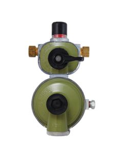 Propane Regulator; Excela-Flo; 1/4 Inch Female Inverter Flare x 3/8 Inch FNPT; Two Stage; 350000 BTU I Stage/ 200000 BTU II 2 Stage; Without Hose; Zinc Powder Coated; Zinc Die Casted; Internal Relief Spring Loaded Diaphragm Type; With Plastic Clamshell Pa