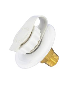 Fresh Water Inlet; Used For RV Fresh Water System; Flush Mount; 1/2 Inch Male Pipe Thread Inside Connection; 2-3/4 Inch Flange; 2-3/4 Inch Overall Diameter; With Check Valve; White; Plastic; With Check Valve/ Garden Hose Swivel Fitting With Gripper/ Press