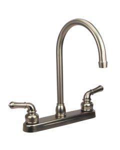 Faucet; Used For Kitchen; Single Piece 8 Inch Deck Mount; 12 Inch J-Spout; 2 Teapot Classical Handle; Brushed Satin Nickel Plated/ Plastic Body/ Brass Spout; 2 Hole Application; Washerless Cartridge Valve
