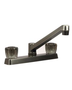Faucet; Used For Kitchen; Single Piece 8 Inch Deck Mount; 2 Smoked Acrylic Knob Handle; Brushed Satin Nickel Plated/ Plastic; 2 Hole Application; Washerless Cartridge Valve
