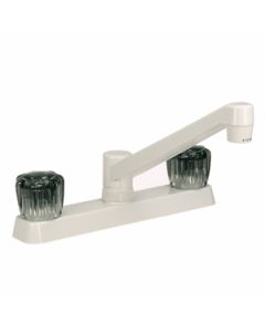 Faucet; Used For Kitchen; Single Piece 8 Inch Deck Mount; 2 Smoked Acrylic Knob Handle; White/ Plastic; 2 Hole Application; Washerless Cartridge Valve

