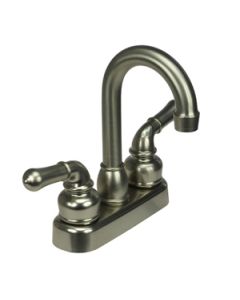 Faucet; Classical Series; Used For Bar; Single Piece 4 Inch Bar Deck Mount; 6 Inch Hi-Arc Spout; 2 Teapot Classical Handle; Brushed Satin Nickel Plated/ Plastic Body/ Brass Spout; 2 Hole Application; Washerless Cartridge Valve
