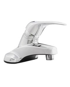 Faucet; Used For Lavatory; Single Piece 4 Inch Deck Mount; Single Loop Lever Handle; Chrome Plated/ Plastic; 2 Hole Application; Washerless Valve
