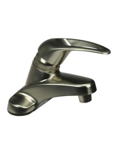 Faucet; Used For Lavatory; Single Piece 4 Inch Deck Mount; Single Loop Lever Handle; Brushed Satin Nickel Plated/ Plastic; 2 Hole Application; Washerless Valve
