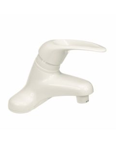 Faucet; Used For Lavatory; Single Piece 4 Inch Deck Mount; Single Loop Lever Handle; White/ Plastic; 2 Hole Application; Washerless Valve

