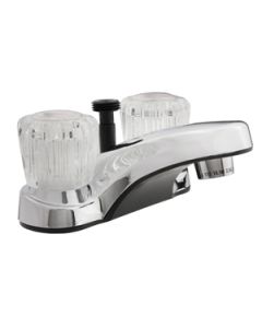 Faucet; Used For Lavatory; Single Piece 4 Inch Deck Mount With Shower Diverter; 2 Clear Crystal Acrylic Knob Handle; Chrome Plated/ Plastic; 2 Hole Application; Washerless Cartridge Valve
