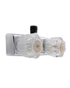 Shower Control Valve; 2 Valve; Single Piece Wall Mount; 1/4 Turn Washerless Cartridge Valve; 4 Inch Center Distance; 2 Hole Application; Clear Crystal Acrylic Knob Handle; Chrome Plated; Plastic; With Vacuum Breaker Hose Connection
