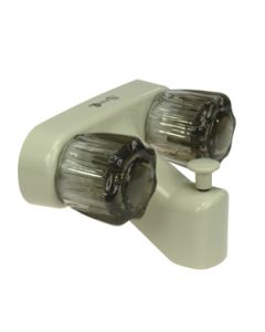 Faucet; Used For Bathtub; Single Piece 4 Inch Wall Mount With Pull-Up Tub/ Shower Diverter; 2 Smoked Acrylic Knob Handle; Bisque Parchment/ Plastic; 2 Hole Application; 1/4 Turn Washerless Cartridge Valve
