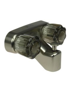 Faucet; Used For Bathtub; Single Piece 4 Inch Wall Mount With Pull-Up Tub/ Shower Diverter; 2 Smoked Acrylic Knob Handle; Brushed Satin Nickel Plated/ Plastic; 2 Hole Application; 1/4 Turn Washerless Cartridge Valve
