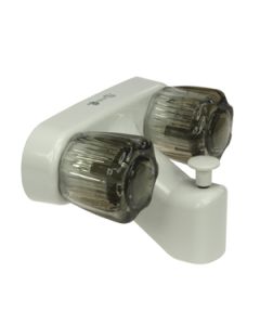 Faucet; Used For Bathtub; Single Piece 4 Inch Wall Mount With Pull-Up Tub/ Shower Diverter; 2 Smoked Acrylic Knob Handle; White/ Plastic; 2 Hole Application; 1/4 Turn Washerless Cartridge Valve
