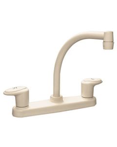 Faucet; Used For Kitchen; Single Piece 8 Inch Deck Mount; 9 Inch Hi-Arc Spout; 2 Acrylic Lever Handle; Biscuit/ Plastic Underbody; 2 Hole Application; 1/4 Turn Washerless Valve; With Individual Box
