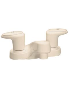 Faucet; Used For Lavatory; Single Piece 4 Inch Deck Mount; 2 Acrylic Lever Handle; Biscuit/ Plastic Underbody; 2 Hole Application; 1/4 Turn Washerless Valve; With Individual Box
