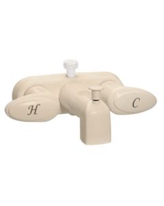 Faucet; Used For Bathtub; Single Piece 4 Inch Wall Mount With Tub/ Shower Diverter; 2 Acrylic Lever Handle; Biscuit/ Plastic Underbody; 2 Hole Application; 1/4 Turn Washerless Valve; With D-Spud To Attach Hand Held Shower; With Individual Box
