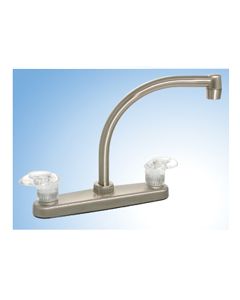Faucet; Catalina; Used For Kitchen; Single Piece 8 Inch Deck Mount; 9 Inch Hi-Arc Spout; 2 Acrylic Lever Handle; Brushed Nickel Plated/ Plastic Underbody; 2 Hole Application; 1/4 Turn Washerless Valve; With Individual Box