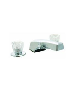 Faucet; Used For Bathtub; Three Piece 8 Inch To 24 Inch Adjustable Center Deck Mount; 2 Clear Crystal Acrylic Knob Handle; Polished Chrome Plated/ Plastic Underbody; 3 Hole Application; 1/4 Turn Washerless Valve; With Individual Box
