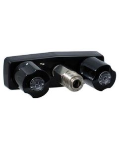 Exterior Spray Port; Faucet Type With Hot/ Cold Outlet And Quick Connect Valve; 4 Inch Center; 1-1/2 Inch Shank Length; 2 Black Knob Handle; Plastic Compression Valve; Black; Plastic Underbody; With Individual Box

