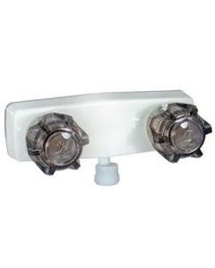 Shower Control Valve; 2 Valve; Single Piece Wall Mount; Brass Compression Valve; 4 Inch Center Distance; 2 Hole Application; 2 Smoked Acrylic Knob Handle; White; Plastic Underbody; With Vacuum Breaker To Attach Hand Held Shower Hose; With Individual Box
