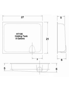 Waste Holding Tank; HT106-SD; Can Be Used For Black Or Gray Water; 9 Gallon Capacity; Black; 27 Inch Length x 21 Inch Width x 6 Inch Height; 3 Inch Diameter Spigot Fitting; With 1-1/4 Inch Mounting Flange; ABS Plastic; Side Drain Location; With 4 Level Se